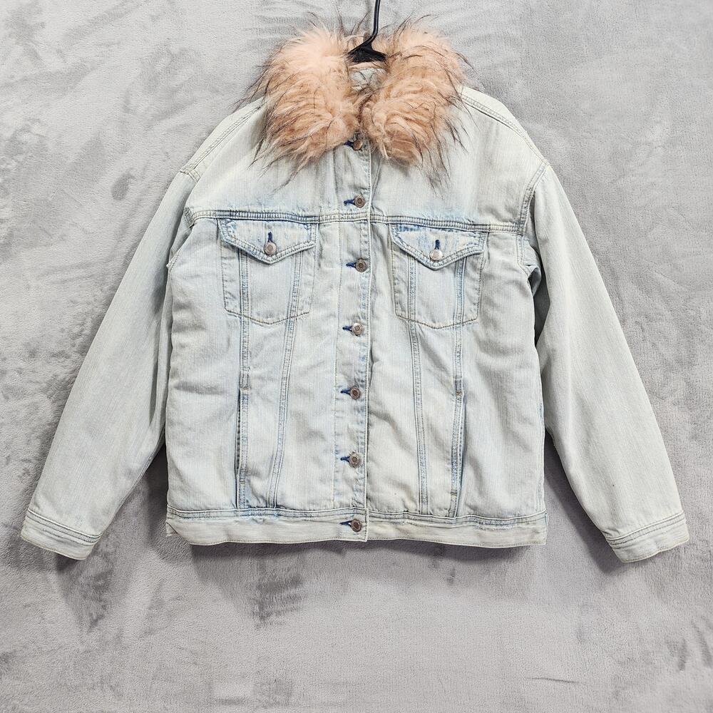 American Eagle Jacket Womens L Blue Light Wash Denim Faux Fur Collar Sherpa